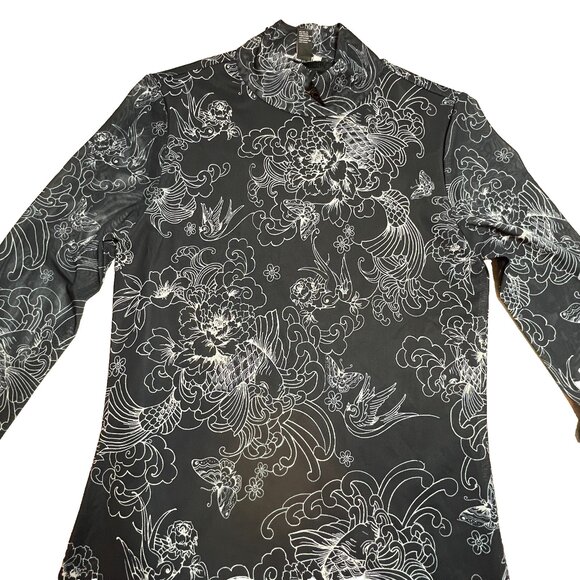 Forever 21 Bodycon Dress Womens M Asian Print Stretch Long Sleeve Mesh Mock Neck - Picture 10 of 14